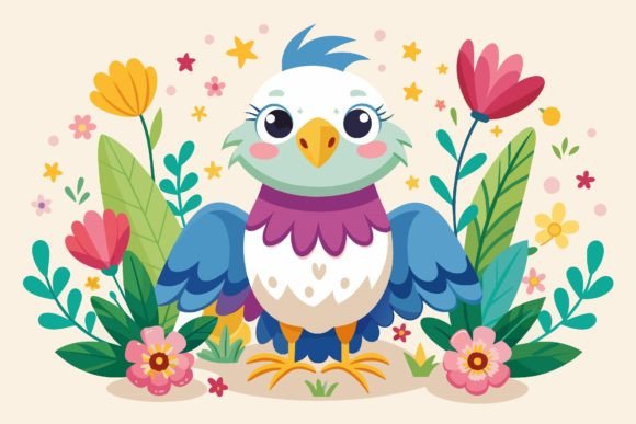 Eagles Cute Bird Cartoon with Flowers on Graphic Illustrations By Design Creativega