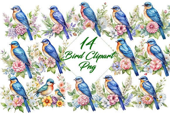 Bird with Flower Watercolor Clipart PNG. Graphic Illustrations By Dream's Workshop