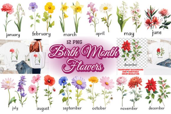 Birth Month Flower Clipart 12 PNG Bundle Graphic T-shirt Designs By shipna2005