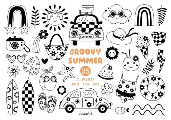 Black Retro Summer Clipart, Summer Png Illustration Illustrations Imprimables Par JulzaArt