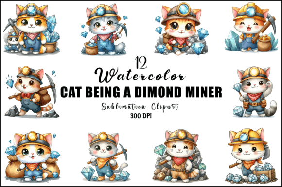 Cat Being a Dimond Miner Clipart Graphic Illustrations By Sinthia Telle