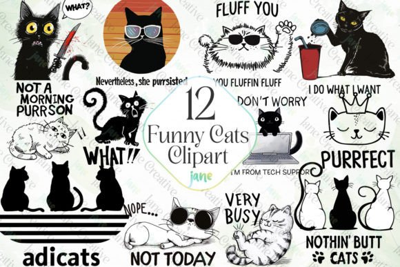 Funny Cats Clipart Sublimation Grafik Druckbare Illustrationen Von JaneCreative