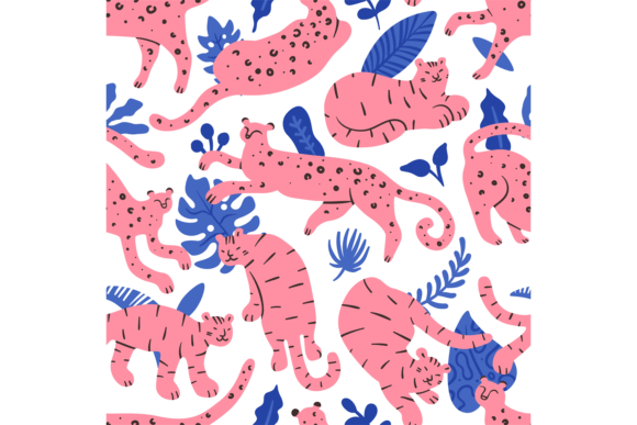 Leopards, Tigers and Plants Seamless Pat Graphic Illustrations By vectorbum