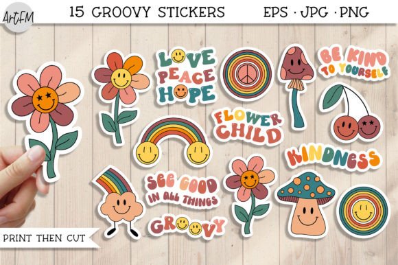 Retro Groovy Flowers Stickers Pack Graphic Print Templates By ArtFM