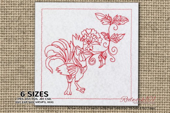 Rooster with Floral Pattern Redwork Floral Wreaths Embroidery Design By Redwork101