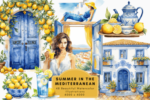 Summer in the Mediterranean Clipart Illustration Illustrations Imprimables Par Enchanted Marketing Imagery