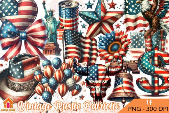 Vintage Rustic Patriotic Clipart PNG Graphic Illustrations By Kookie House