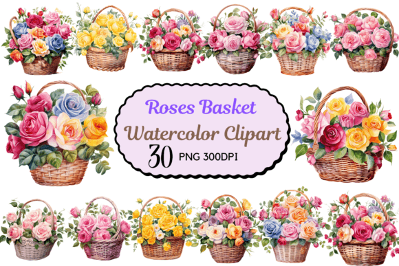 Watercolor Roses Basket Clipart Grafika Ilustracje do Druku Przez CreativeDesign