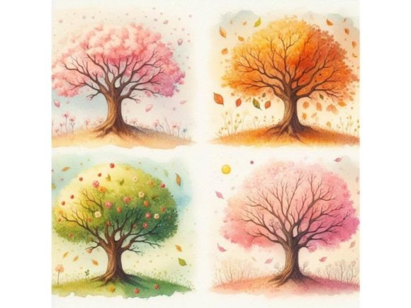 Bundle of Four Seasons Tree - Spring, Su Graphic Illustrations By A.I Illustration and Graphics