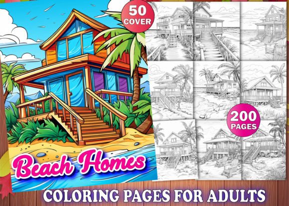 200 Beach Homes Coloring Pages for Adult Grafik KDP-Interieurs Von PLAY ZONE