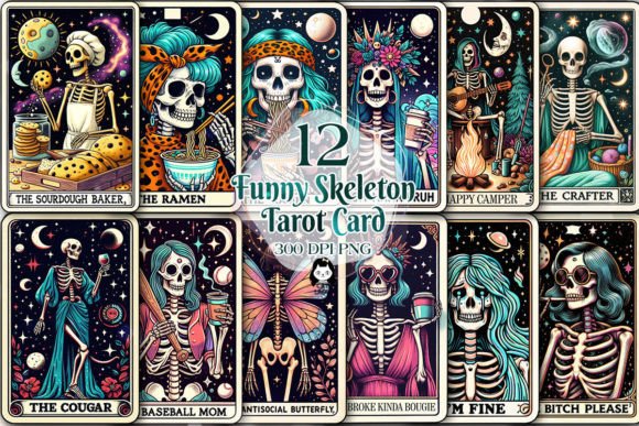 Funny Skeleton Woman Tarot Card Bundle Afbeelding Afdrukbare Illustraties Door Cat Lady
