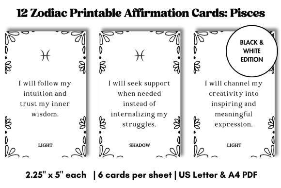 Pisces Zodiac Affirmation Cards B&W Illustration Modèles d'Impression Par diyhomeprintables