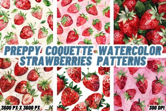 Preppy Coquette Watercolor Strawberries Graphic Patterns By FabriCraft