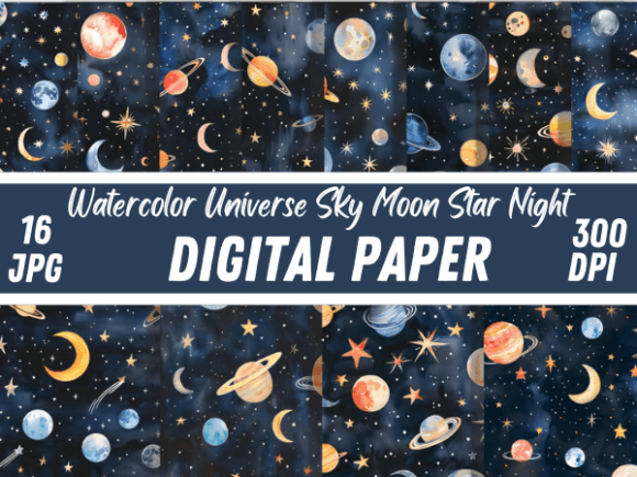 Watercolor Space Sky Moon Stars Pattern Gráfico Patrones de Papel Por Creative River