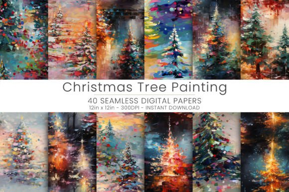 Christmas Tree Painting Digital Paper Graphic AI Patterns By Mehtap