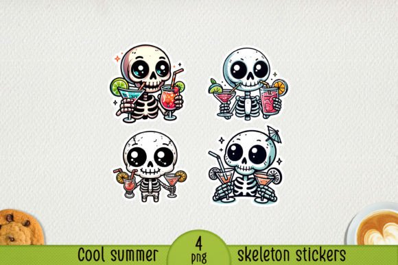Cool Summer Skeleton Stickers. PNG, JPG. Graphic AI Illustrations By NadineStore