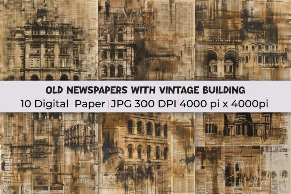 Old Newspapers with Vintage Building Illustration Fonds d'Écran Par mirazooze