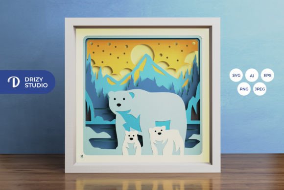 Polar Bear Family 3D Shadow Box Grafik 3D Schattenbox Von Drizy Studio