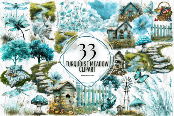 Turquoise Meadow Clipart Gráfico Ilustraciones Imprimibles Por Markicha Art