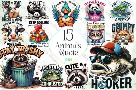 Funny Animals Quotes Sublimation Clipart Illustration Illustrations Imprimables Par JaneCreative