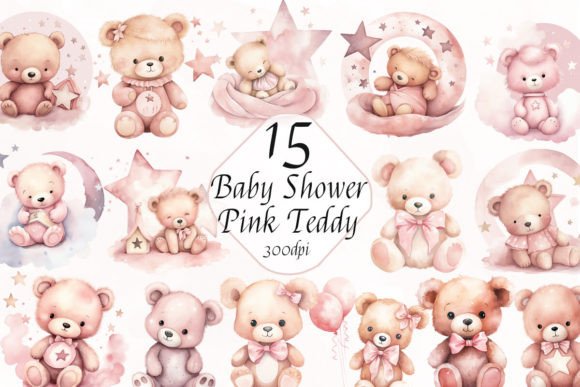 Pink Teddy Bear Baby Girl Shower Clipart Gráfico Ilustraciones Imprimibles Por ArtCursor