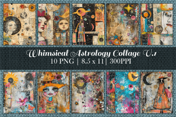 Whimsical Astrology Collage Prints V 1 Graphic AI Illustrations By Antique Pixls