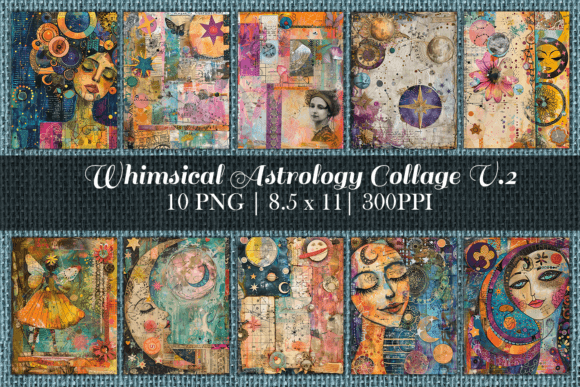 Whimsical Astrology Collage Prints V 2 Graphic AI Illustrations By Antique Pixls