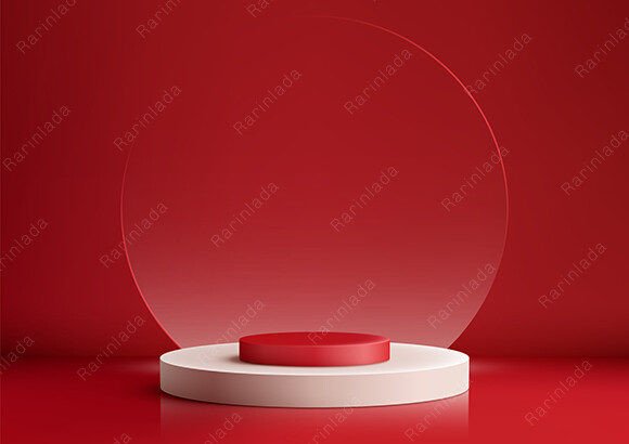 3D White and Red Podium Glass Circle Graphic Product Mockups By rarinlada
