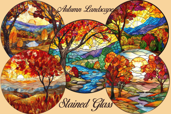 Autumn Landscape Stained Glass Graphic Backgrounds By tshirtado