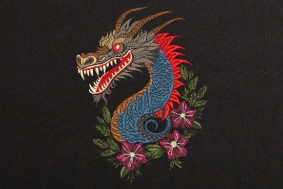Blue Chinese Dragon and Flowers on Black Asia Embroidery Design By EmbroideryChicDesign