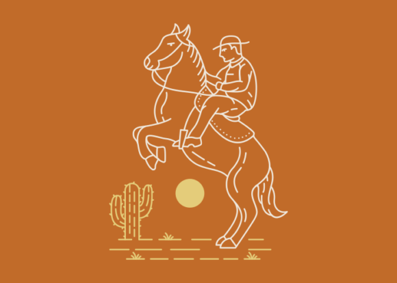 Cowboy Riding Horse in Desert Cactus Tre Grafika Ilustracje do Druku Przez vektorkita