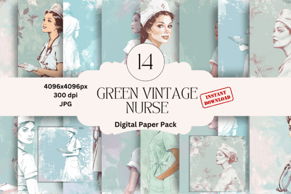 Green Retro Nurse Digital Papers Graphic Illustrations By That Dress Lady