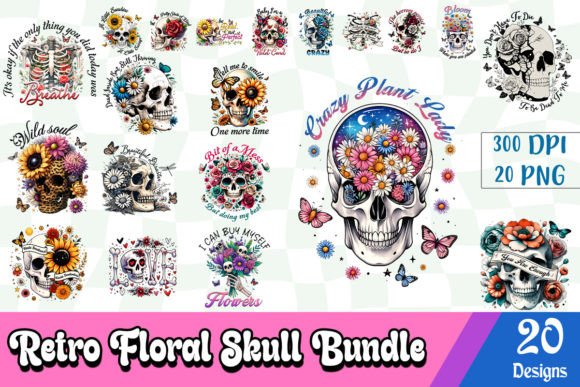 Retro Floral Skull Sublimation Bundle Gráfico Manualidades Por basilio.vintage
