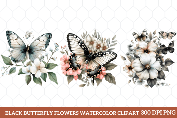 Black Butterfly Flowers Clipart PNG Graphic Illustrations By CraftArt