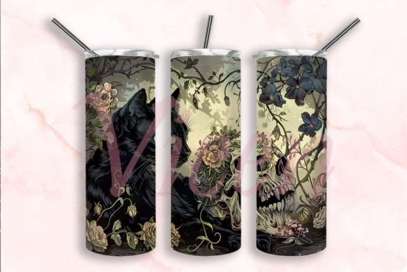 Black Cat and Skull Witchy Vibes Tumbler Graphic Crafts By Vicen