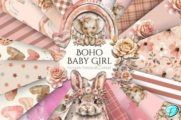 Boho Baby Girl Pattern Papers Clipart Gráfico Objetos Gráficos de Alta Calidad Por Emily Designs