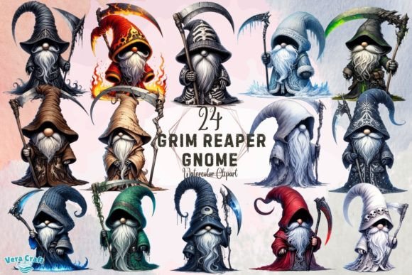 Grim Reaper Gnome Watercolor Clipart Graphic AI Transparent PNGs By Vera Craft