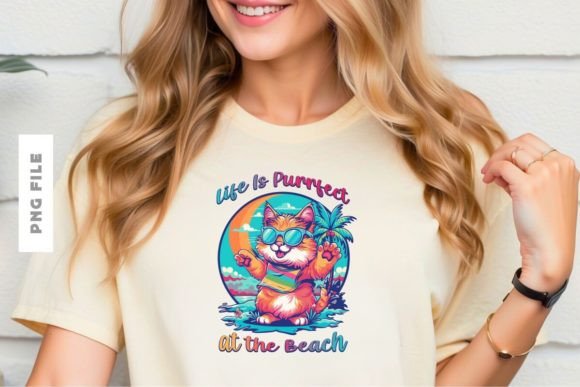 Life is Purrfect at the Beach Design Graphic T-shirt Designs By Universtock