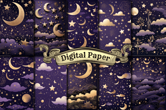 Purple Starry Night Digital Paper Graphic Patterns By craftsmaker