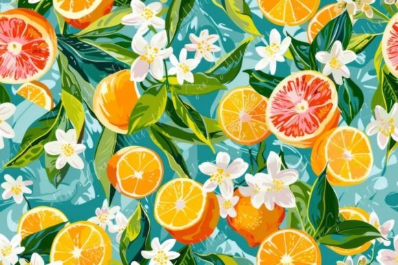 Vibrant Citrus Fruit and Floral Pattern Gráfico Padrões de Papel Por Sun Sublimation