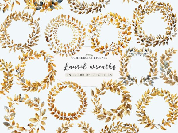 Laurel Wreath Clipart, Gold Leaves Png Graphic Illustrations By UsisArt