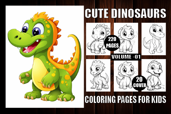220 Cute Dinosaurs Coloring Page for KDP Illustration Pages et livres de coloriage pour enfants Par Central_House