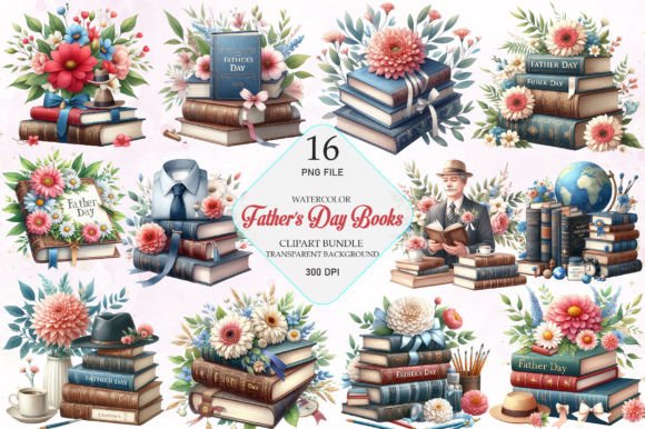Father's Day Books and Flowers Clipart Graphic Illustrations By ChloeArtShop