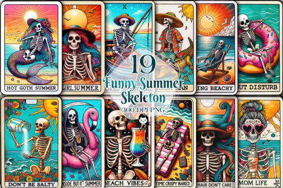 Funny Summer Skeleton Tarot Card Bundle Illustration Illustrations Imprimables Par Cat Lady