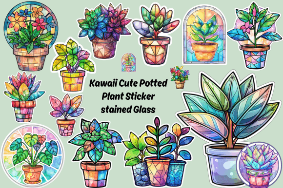 Kawaii Cute Potted Plant Sticker Stained Illustration Fonds d'Écran Par tshirtado