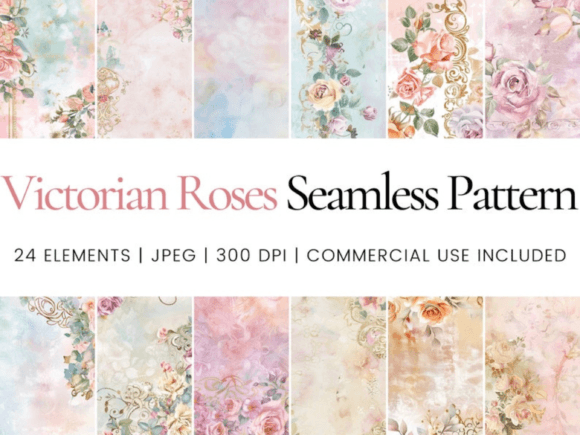 Victorian Roses Seamless Digital Papers Illustration Motifs AI Par Ikota Design