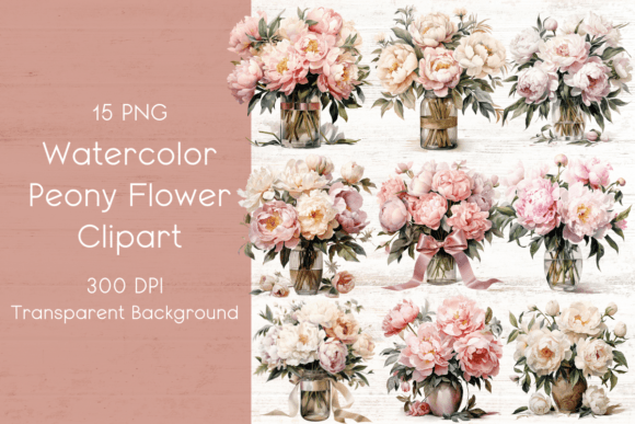Watercolor Peonies in a Vase Clipart Graphic Illustrations By Creative Ink Design Co