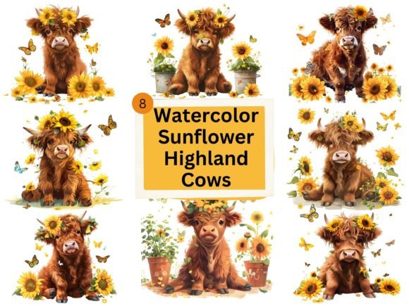 Watercolor Sunflower Highland Cows Clipa Gráfico PNGs transparentes de IA Por trendytrovedigital