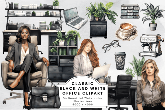 Black & White Office Clipart Grafika Ilustracje do Druku Przez Enchanted Marketing Imagery