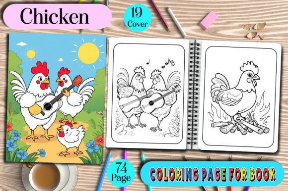 Chicken Coloring Page for Book Kids Grafik Ausmalseiten & Malbücher Von Vintage